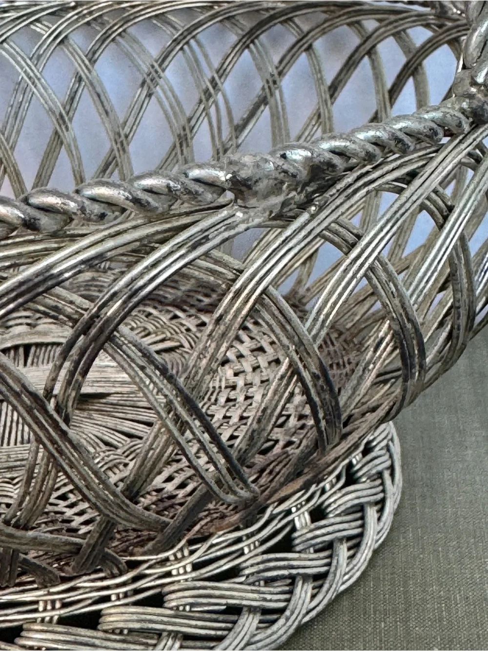 Vintage Silver Woven Wire Basket with Handle Decorative Home Accent